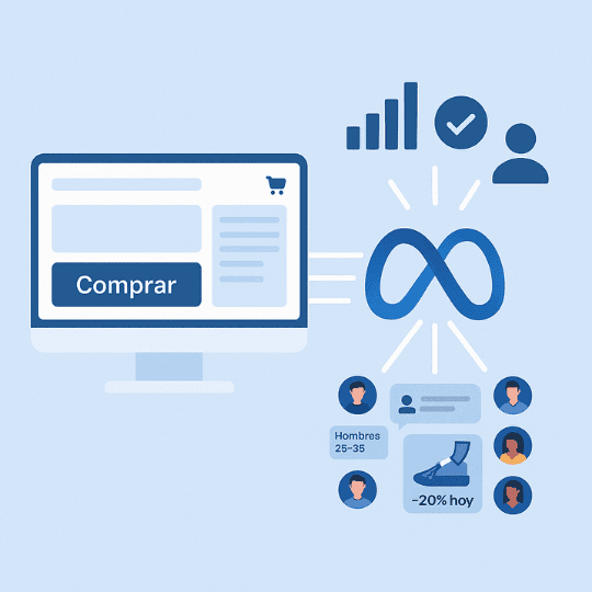 Representación del píxel enviando datos de compras desde una tienda online hacia la plataforma de Meta