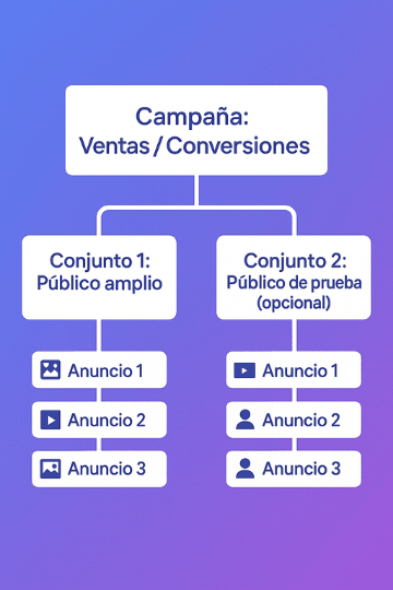 Diagrama de una campaña de ventas con uno o dos conjuntos y varios anuncios distintos en cada conjunto