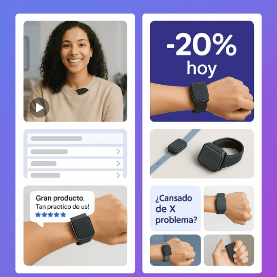 Seis anuncios diferentes del mismo negocio mostrando distintos formatos y mensajes publicitarios