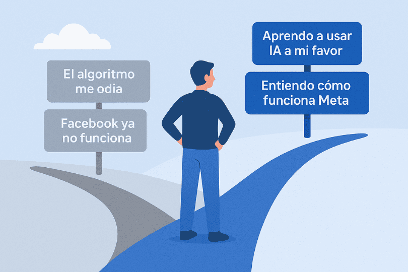Ilustración de una persona eligiendo entre el camino de queja al algoritmo y el camino de aprender a usar la inteligencia artificial de Meta