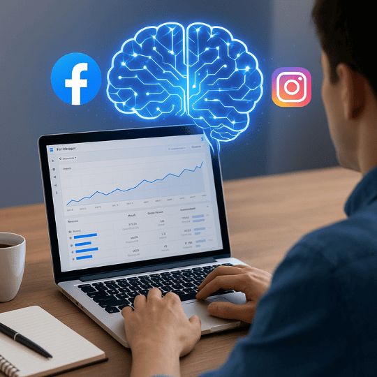 Persona revisando campañas en una laptop mientras un cerebro de inteligencia artificial conecta con los logos de Facebook e Instagram