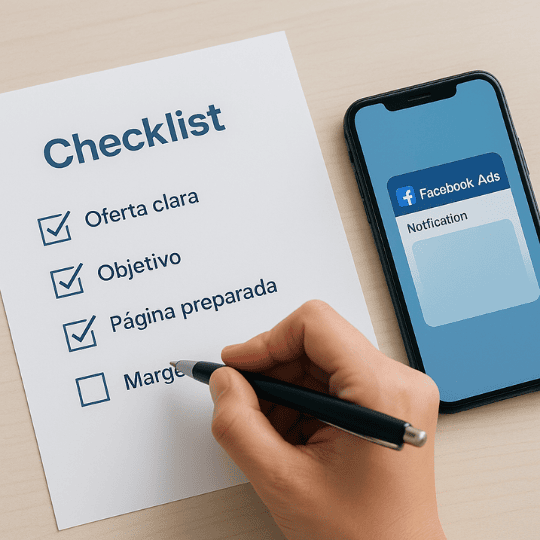 Checklist en papel para evaluar si un pequeño negocio debe seguir invirtiendo en Facebook Ads en 2026