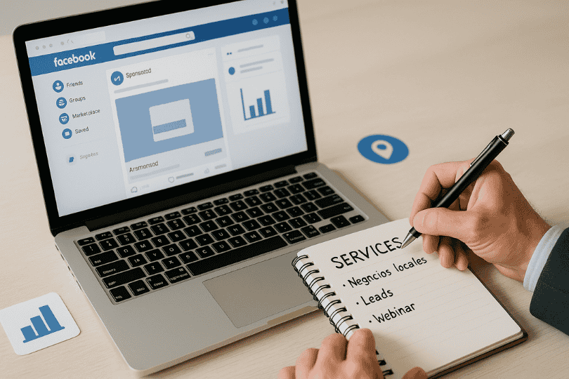 Persona trabajando en una campaña de Facebook Ads para servicios y negocios locales en su laptop