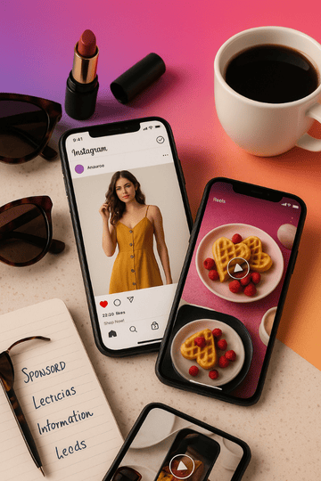 Ejemplo de anuncios visuales en Instagram Ads mostrando productos de moda en el feed y en reels