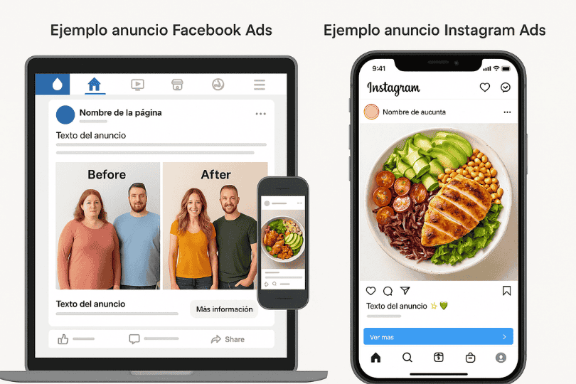 Comparación entre un anuncio de Facebook Ads orientado a servicios y un anuncio de Instagram Ads más visual y aspiracional