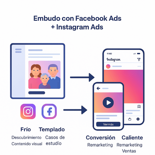 Embudo de ventas que combina Facebook Ads e Instagram Ads desde el descubrimiento hasta la conversión