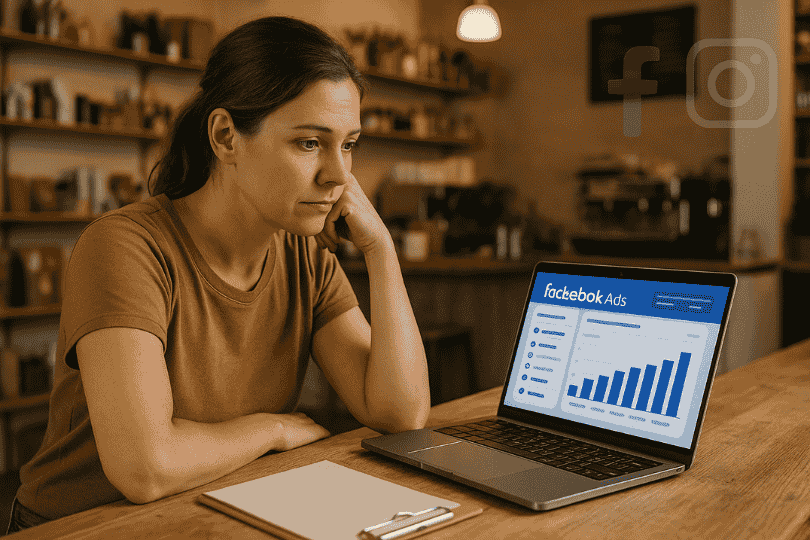 Dueño de pequeño negocio analizando resultados de Facebook Ads en su laptop en 2026