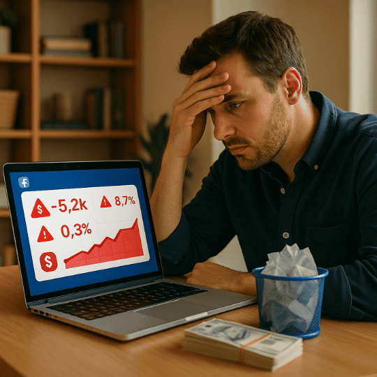 Emprendedor frustrado al ver que sus campañas de Facebook Ads no generan resultados y consumen presupuesto