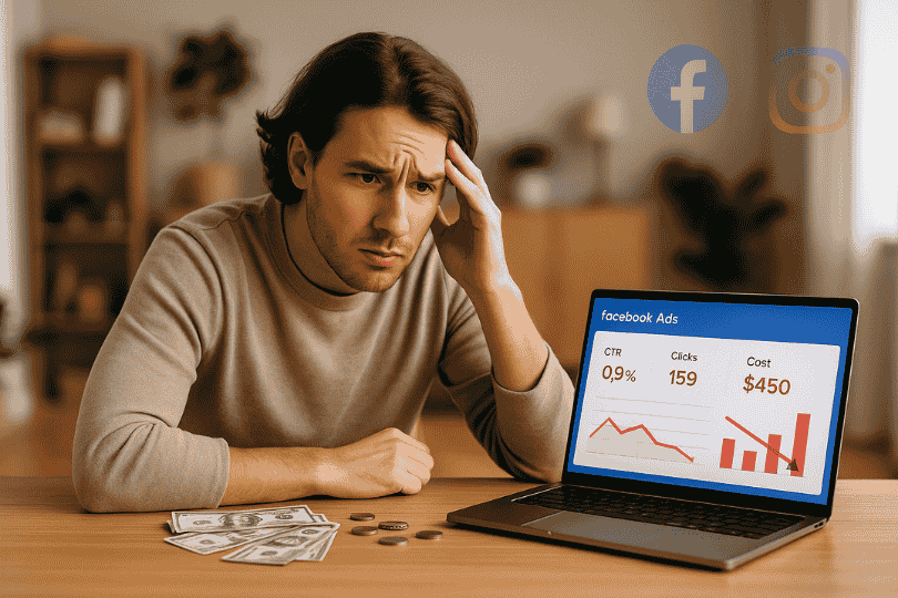 Emprendedor confundido viendo en su laptop pérdidas de Facebook e Instagram Ads por seguir mitos y malas prácticas