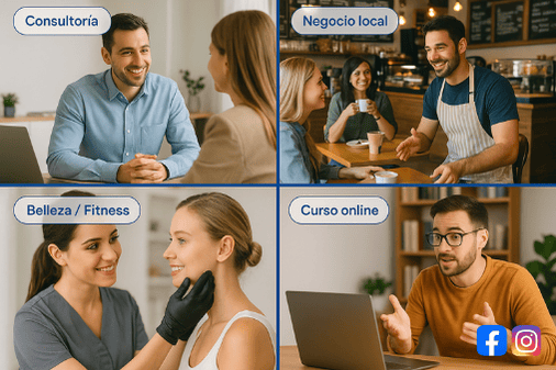 Mosaico de pequeños negocios como consultores, restaurantes, gimnasios y cursos online que se benefician de Facebook e Instagram Ads