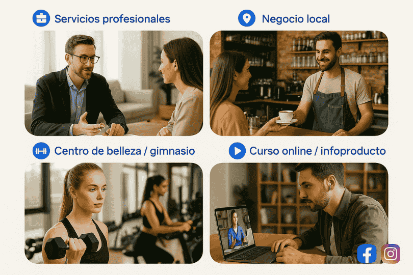 Collage de pequeños negocios que pueden beneficiarse de Facebook Ads en 2026 como servicios, negocios locales, centros de belleza y cursos online